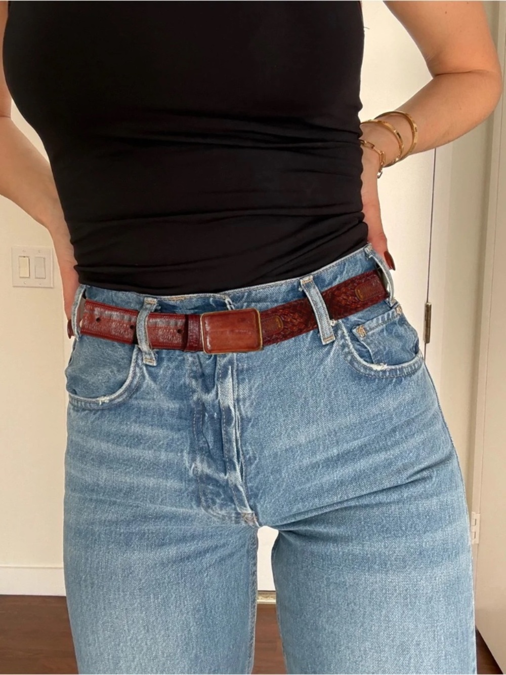 Vintage Genuine Eel Skin Dark Rich Brown & Gold Braided Belt